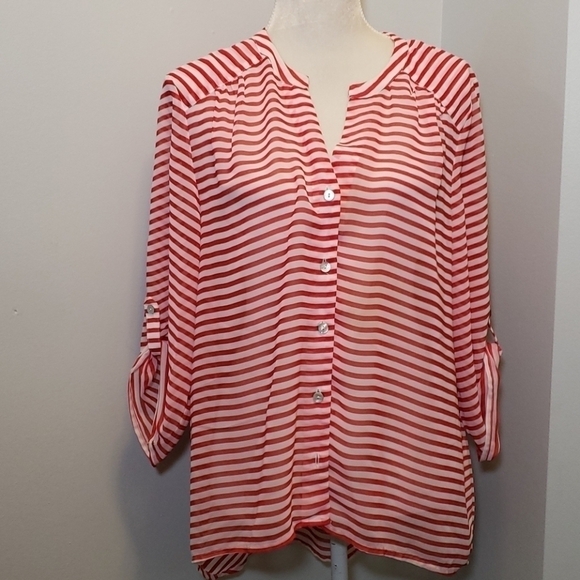 Chicos Hi-lo Sheer Striped 3/4 Sleeve Blouse 2 EUC - Picture 1 of 8
